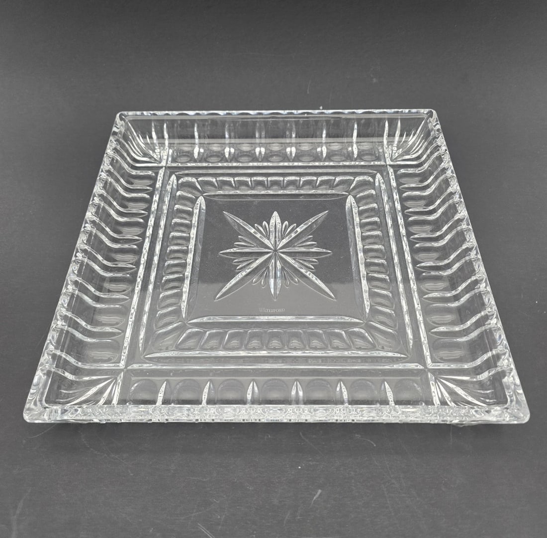 Waterford Crystal Grafton Street 10" Square Serving Tray Planter: high-quality Waterford Crystal square serving tray or platter. Features a spectacular, deeply cut 8-point starburst or sunburst motif dead center (etched with the "Waterford" maker's mark directly bel
