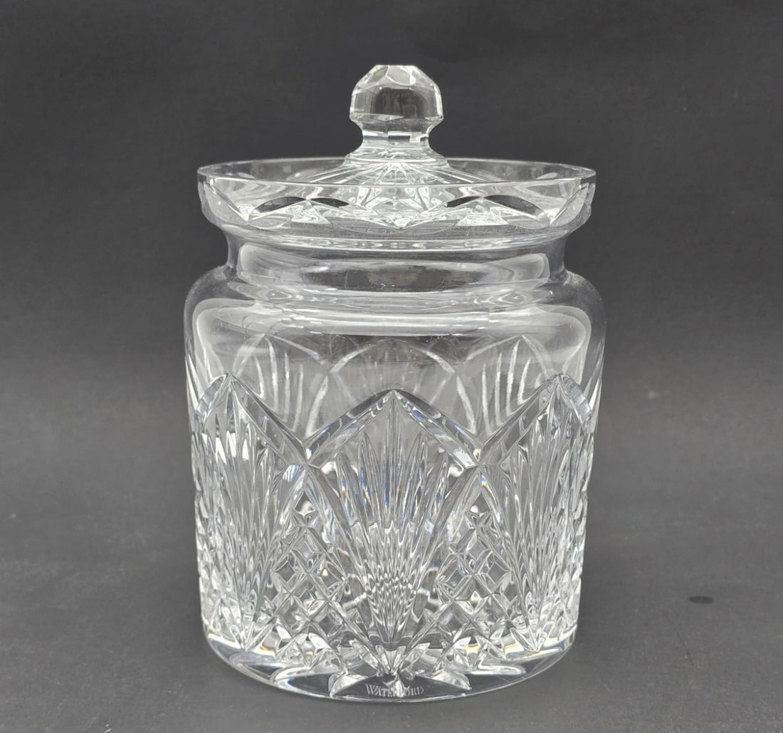 Vintage Waterford Crystal Waterville Biscuit Barrel: high-quality Waterford Crystal lidded biscuit barrel or cookie jar. Features an intricate cut glass pattern of deep criss-cross diamonds and vertical fan accents, complete with a matching cut crystal 