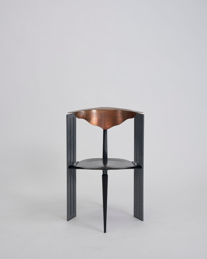Borek Sipek, Chaise Ota Otanek, Ca. 1988: Borek Sipek, Chaise Ota Otanek, Ca. 1988 Vitra Edition, Weil-Am-Rhein, Germany Ebonized wood, gray hammered-effect lacquered metal, and hammered and riveted copper. 21.5 x 23.5 x 29.5 H inches 55 x 60