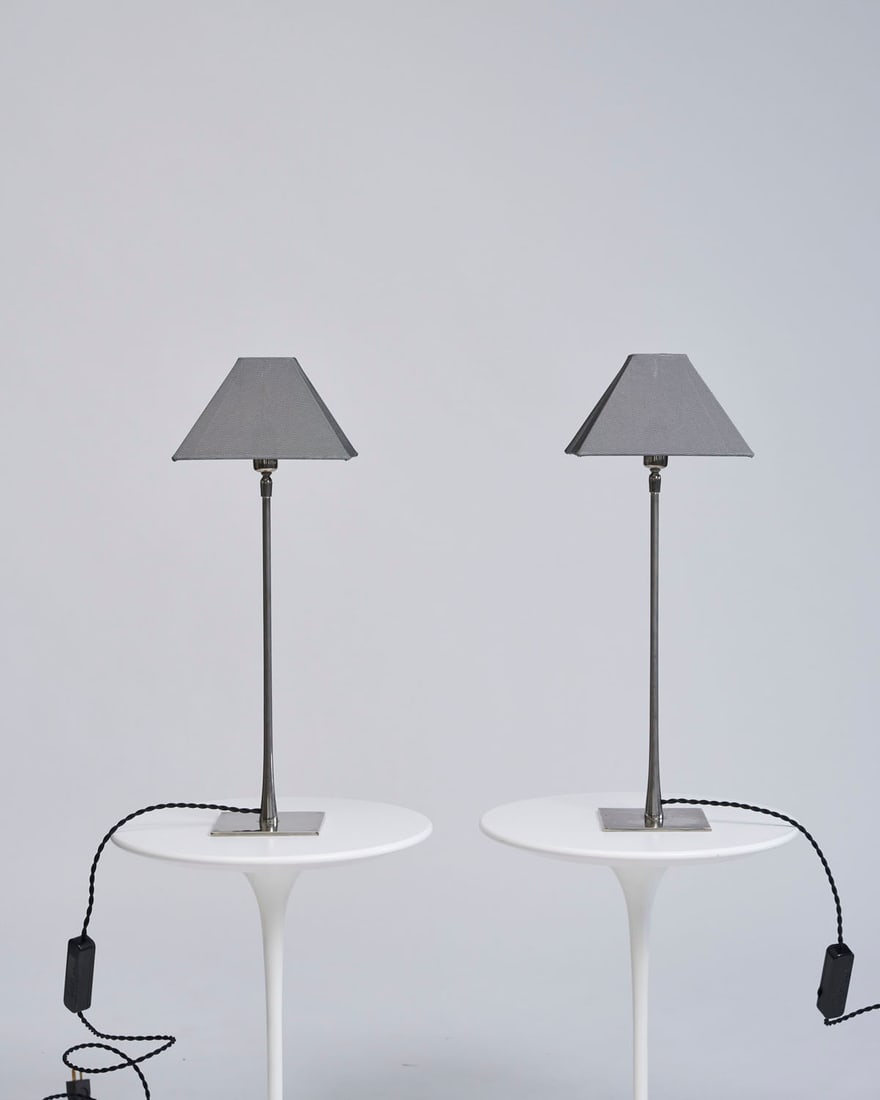 Pair of Tilt Shade Table Lamps by Casa Disagne: Pair of Tilt Shade Table Lamps by Casa Disagne 1990's design for Casa Disagne. A pair of table lamps in steel with grey gauze square shades that tilt in any direction. 8.5 x 8.5 x 23.5 H inches 22 x 2