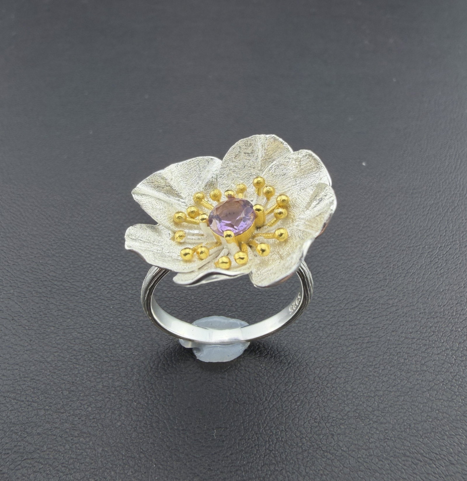 Amethyst Adjustable Ring Brand New Solid 925 Sterling Silver Stamped Gold Electroplated