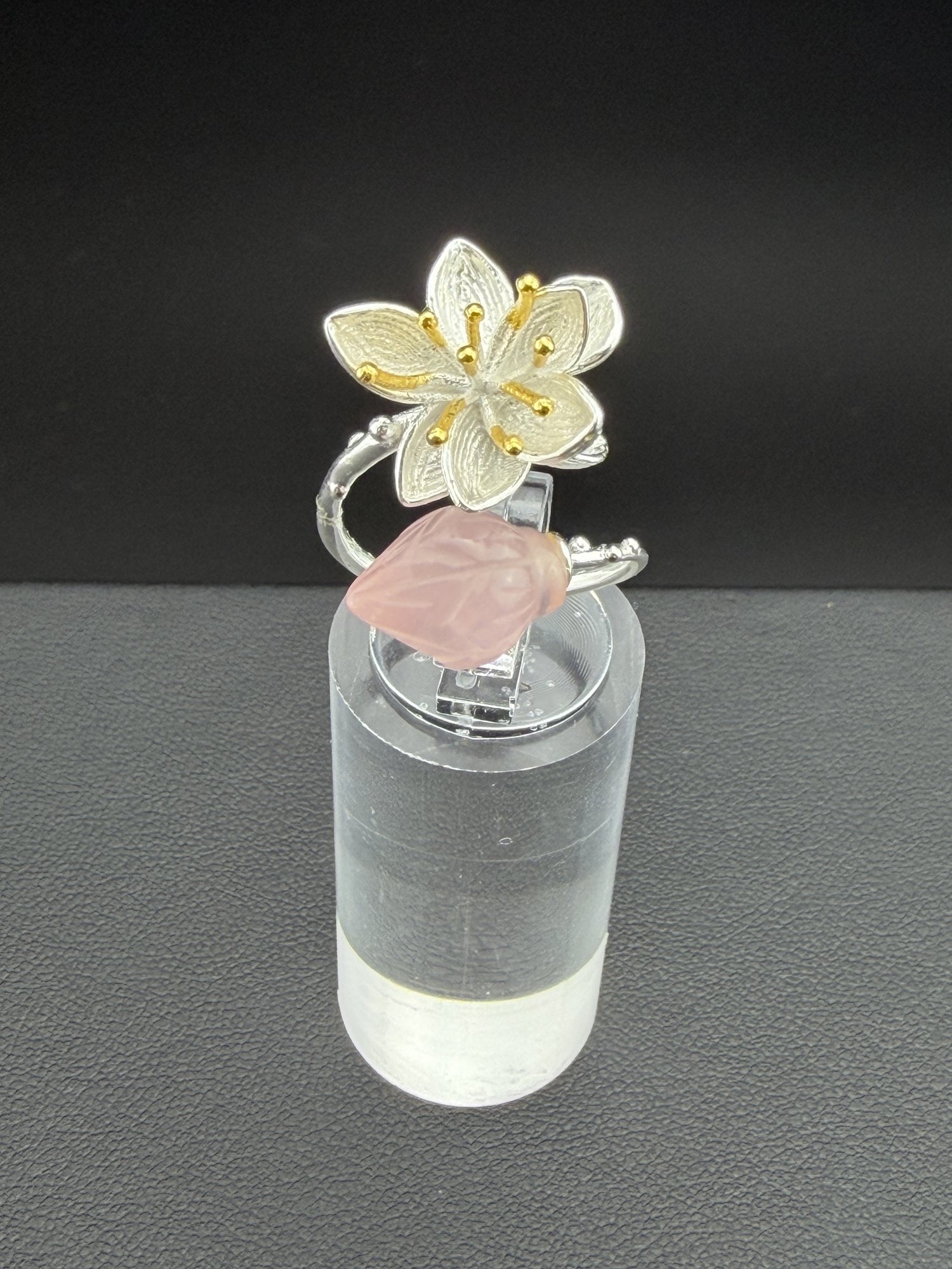 Adjustable Ring Brand New Solid 925 Sterling Silver Stamped Gold Electroplated-Rose Quartz