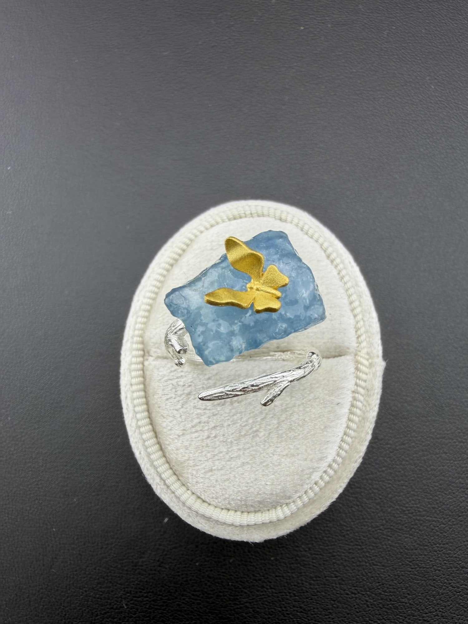 Aquamarine Ring Brand New Solid 925 Sterling Silver Stamped Gold Electroplated-Adjustable Size