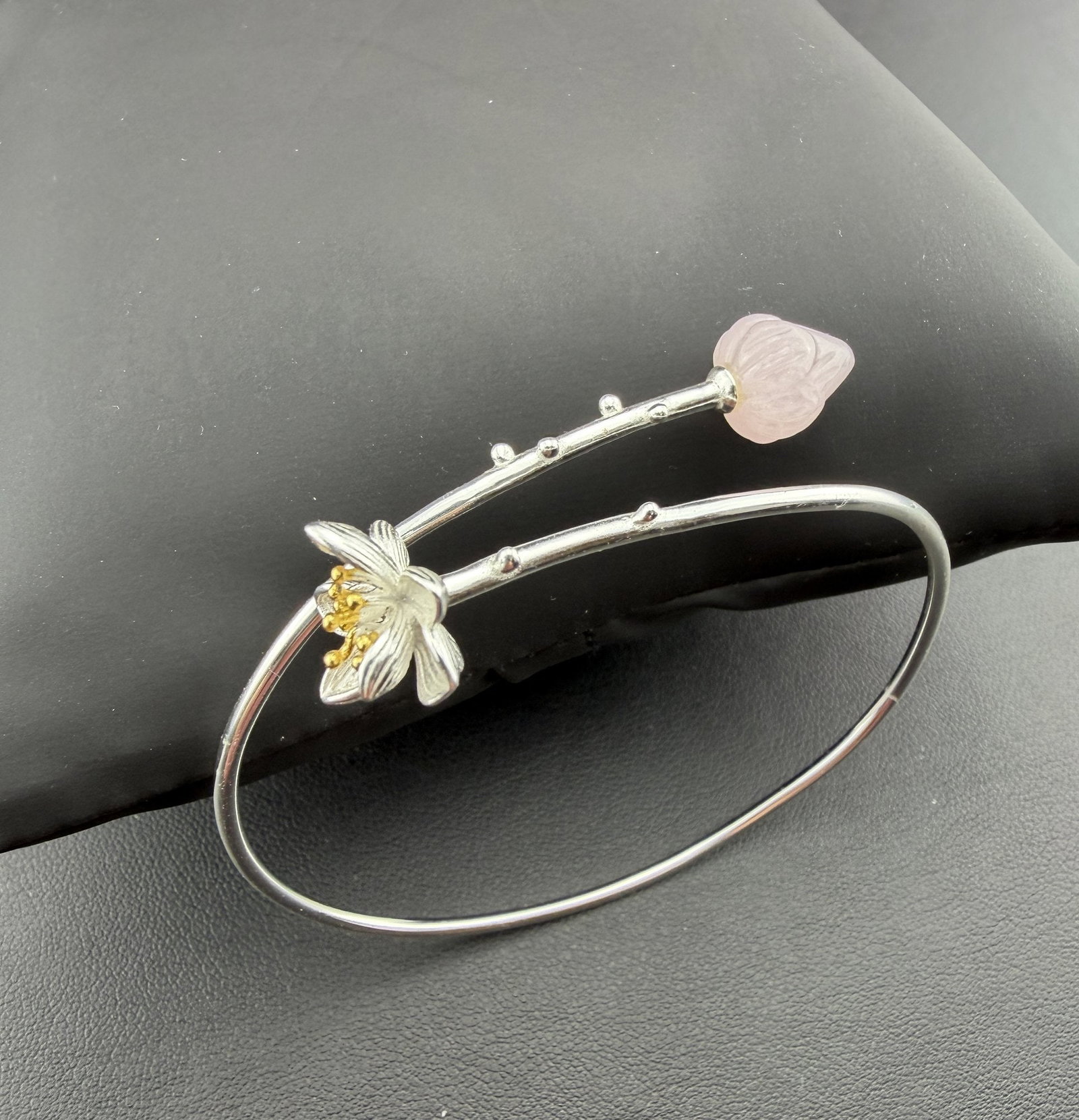 Bracelet Brand New Solid 925 Sterling Silver Stamped Gold Electroplated-Rose Quartz