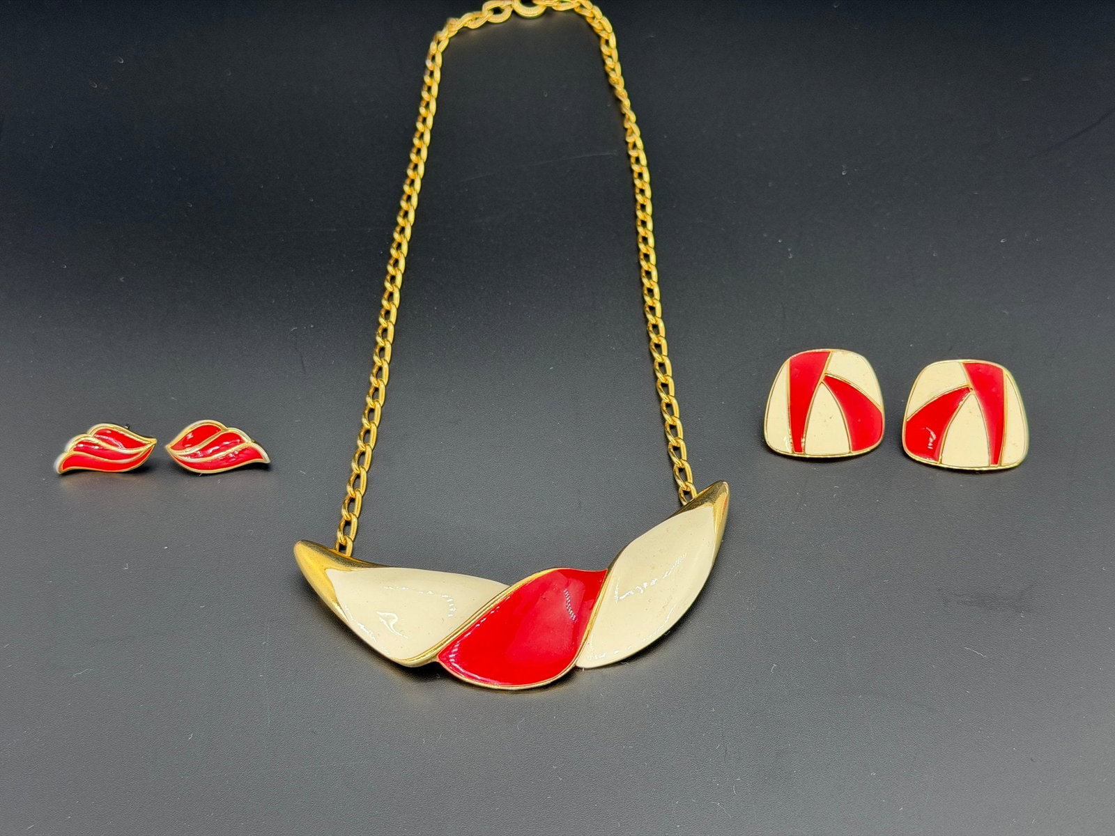 Vintage Monet Red And Cream Enamel Jewelry Pieces & Necklace Mixed Lot