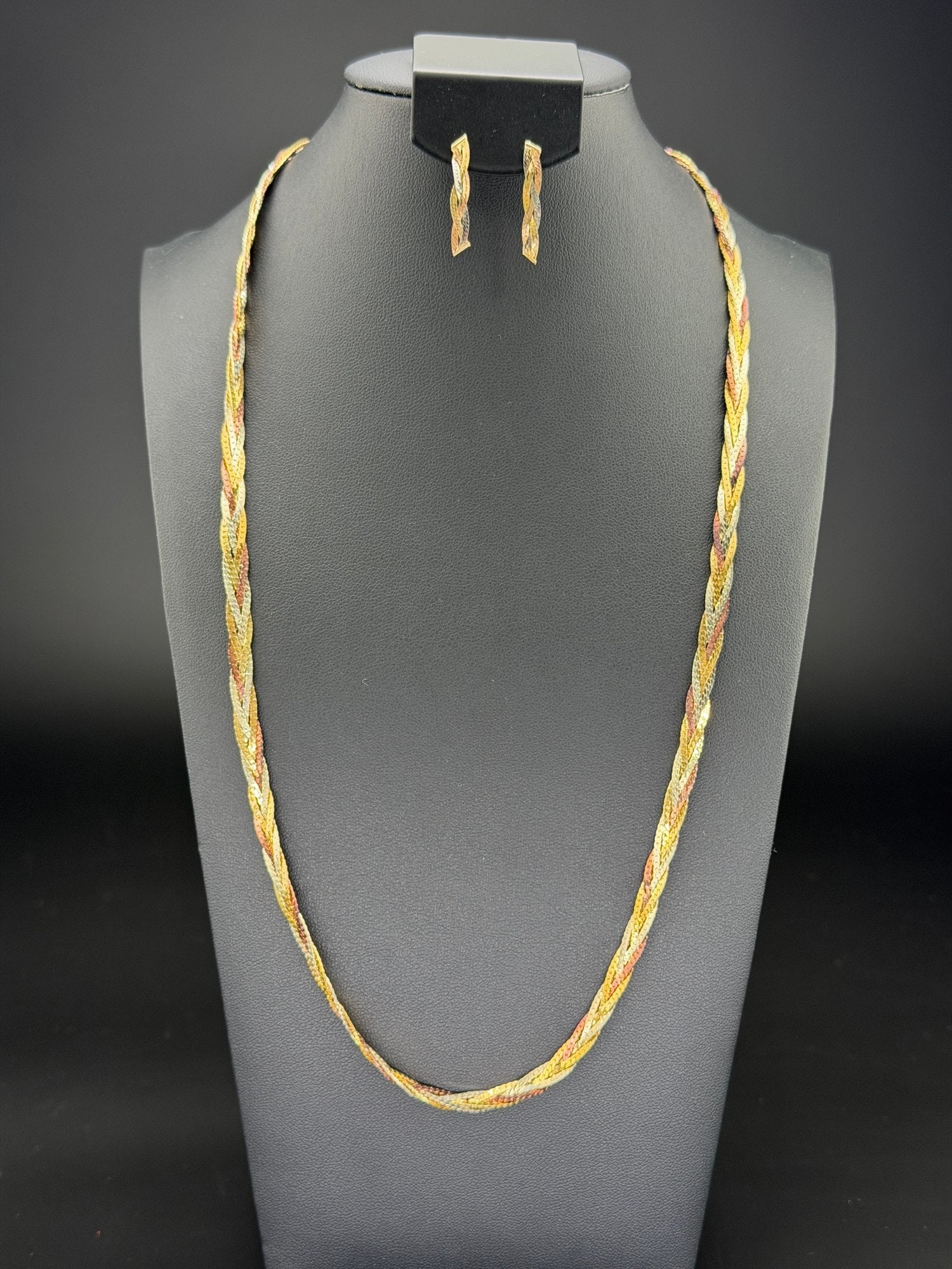 Pre-owned Vintage Tri-Color Multi-Strand Necklace & Matching Earrings 14K Gold Earring Posts: 1. Pre-owned-Vintage Tri-Color Braided Multi-Strand Necklace & Matching Earrings – 14K Gold Earring Posts2. All stamps hallmarks or markings are shown as received and are for reference purpo