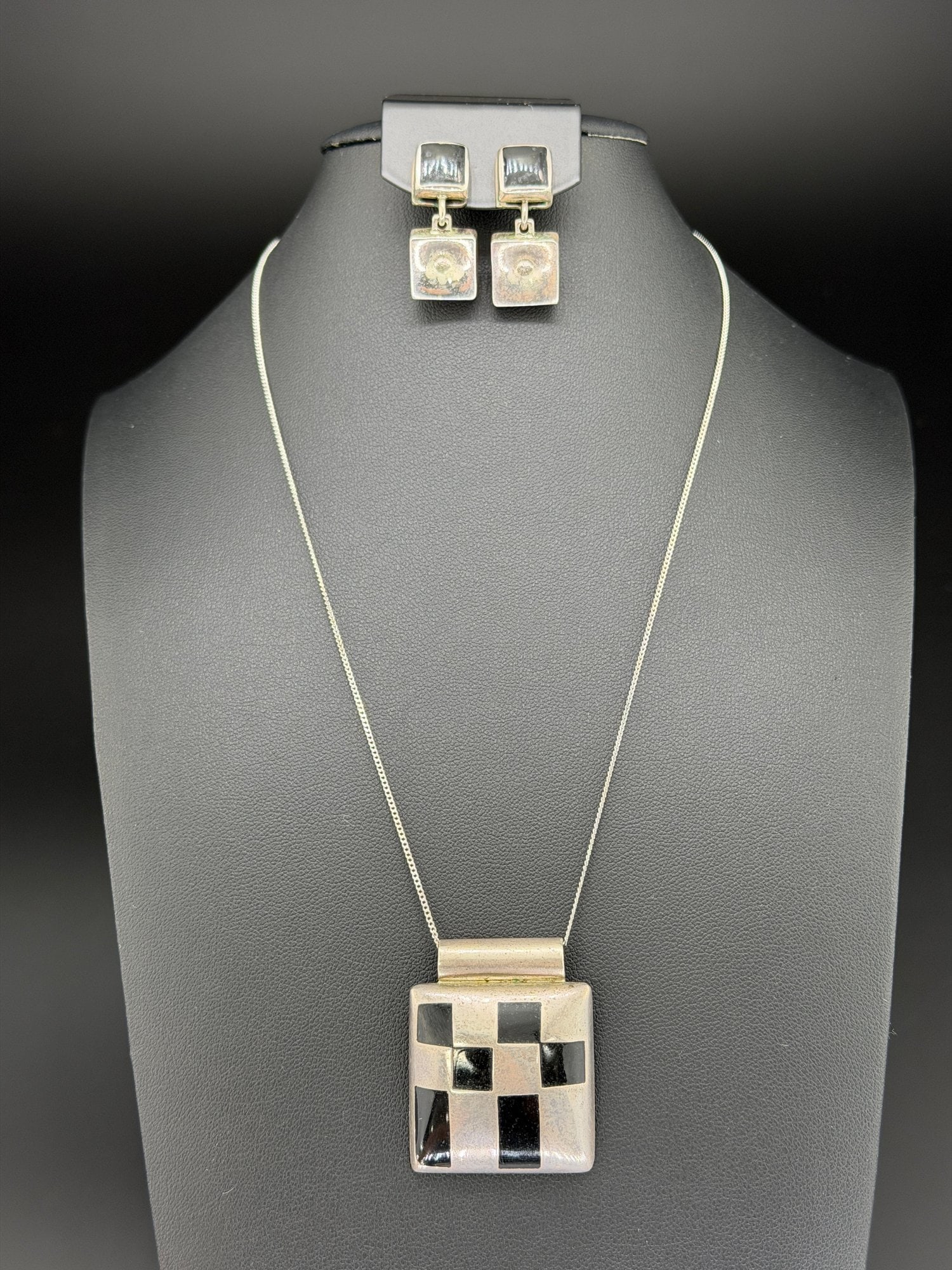 Pre-owned Vintage Sterling Silver 925 Black Onyx Modernist Pendant Necklace & Earrings Set (1 of 14)