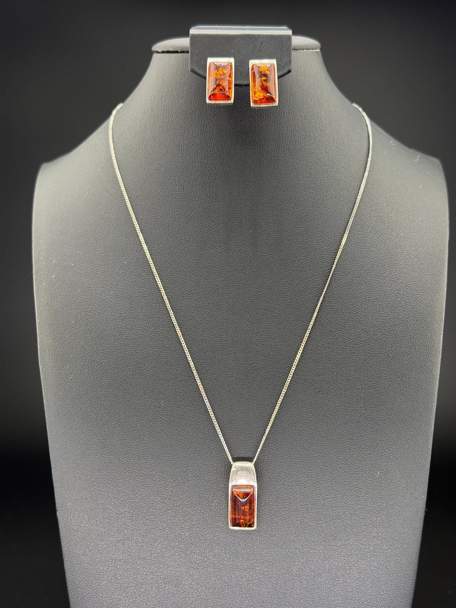 Pre-owned Vintage 925 Sterling Silver Baltic Amber Pendant Necklace & Earrings Jewelry Set (1 of 10)