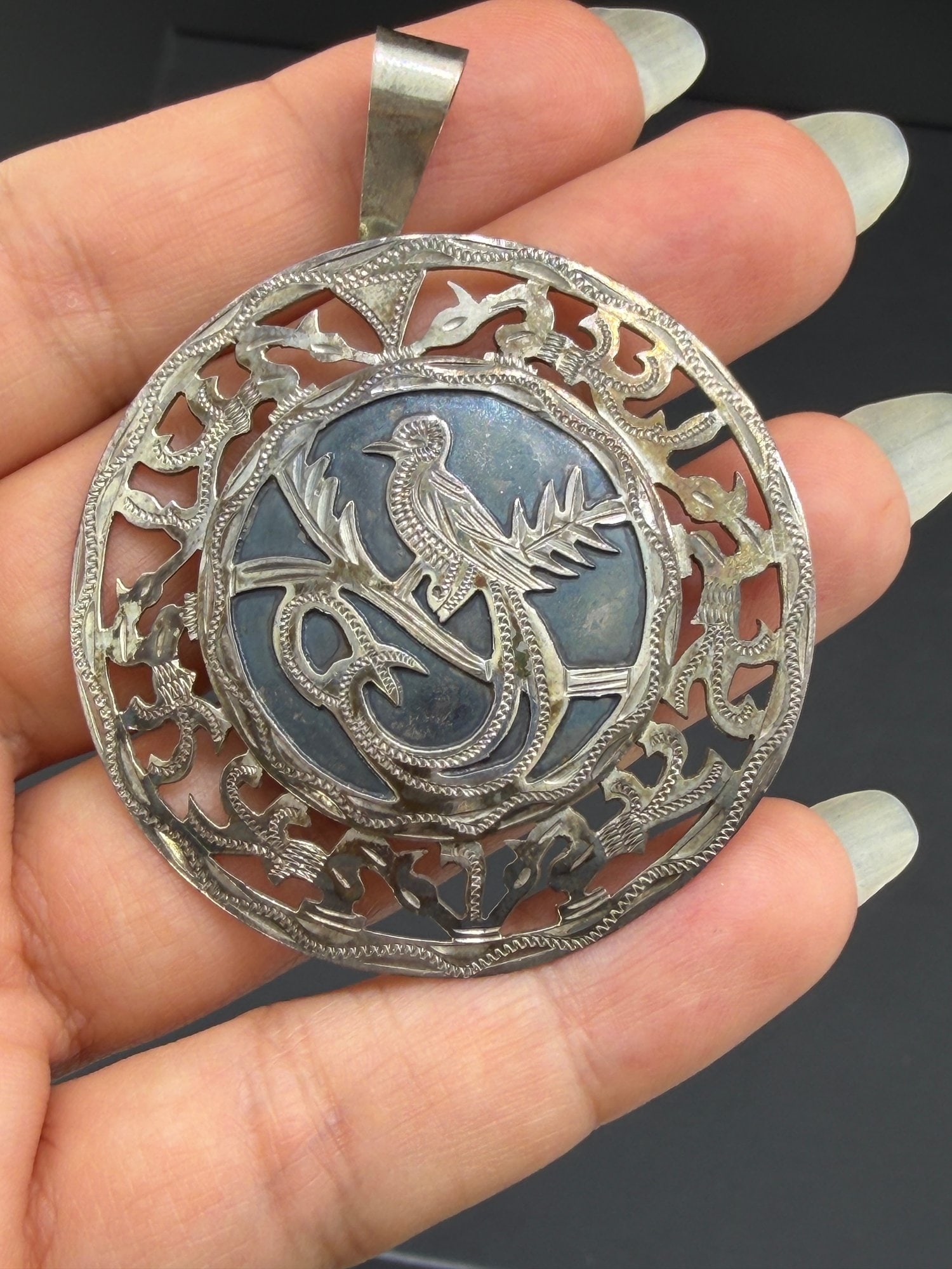 Pre-owned Vintage Sterling Silver Bird & Serpent Pendant Brooch AAA Ornate Openwork Design: 1. Pre-owned-Vintage Sterling Silver Bird & Serpent Pendant Brooch – Ornate Openwork Design2. All stamps hallmarks or markings are shown as received and are for reference purposes only. Veri