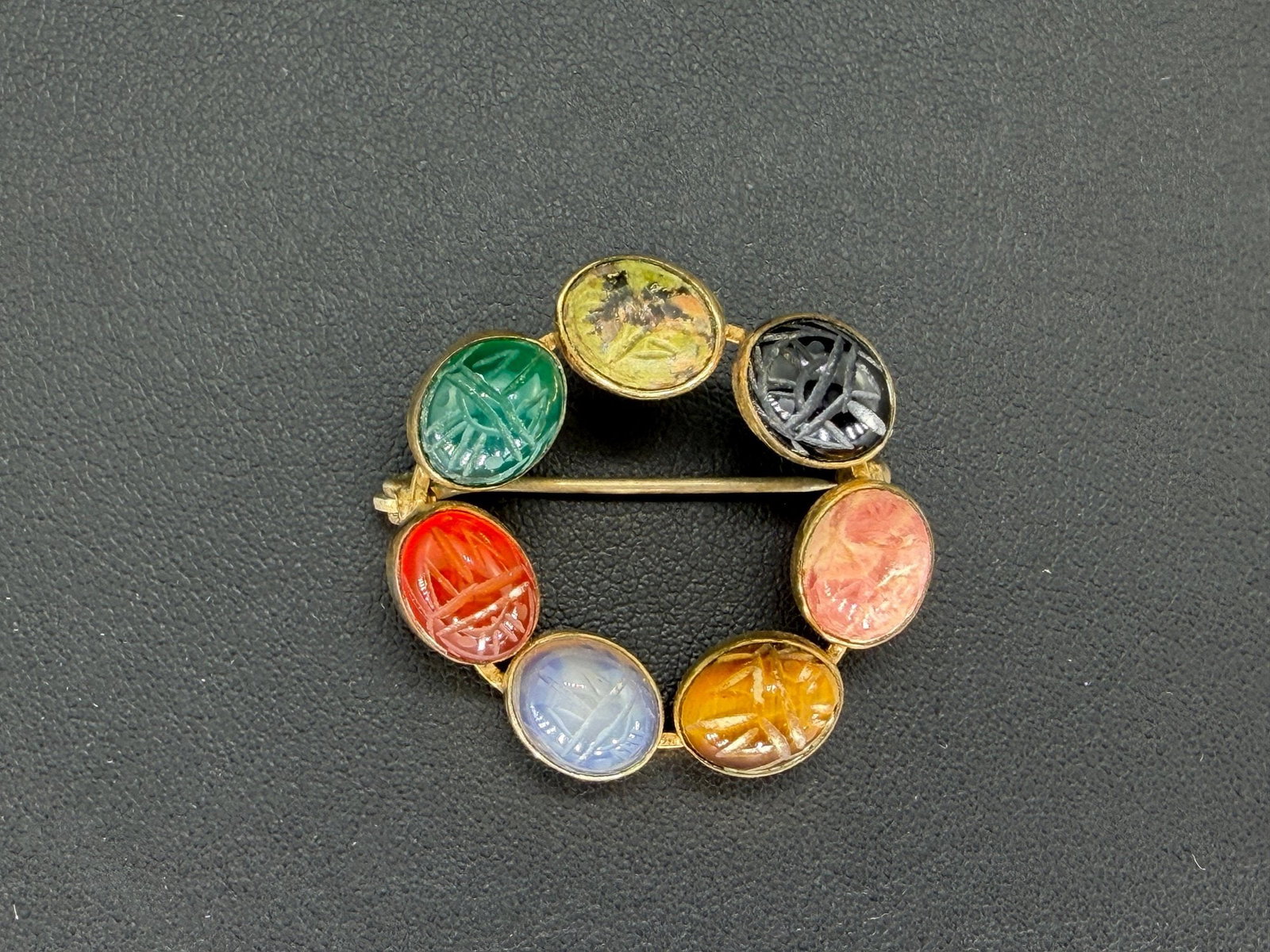 Pre-owned Vintage Signed WRE 12K Gold Filled Multi-Gemstone Scarab Wreath Brooch Pin Egyptian (1 of 10)