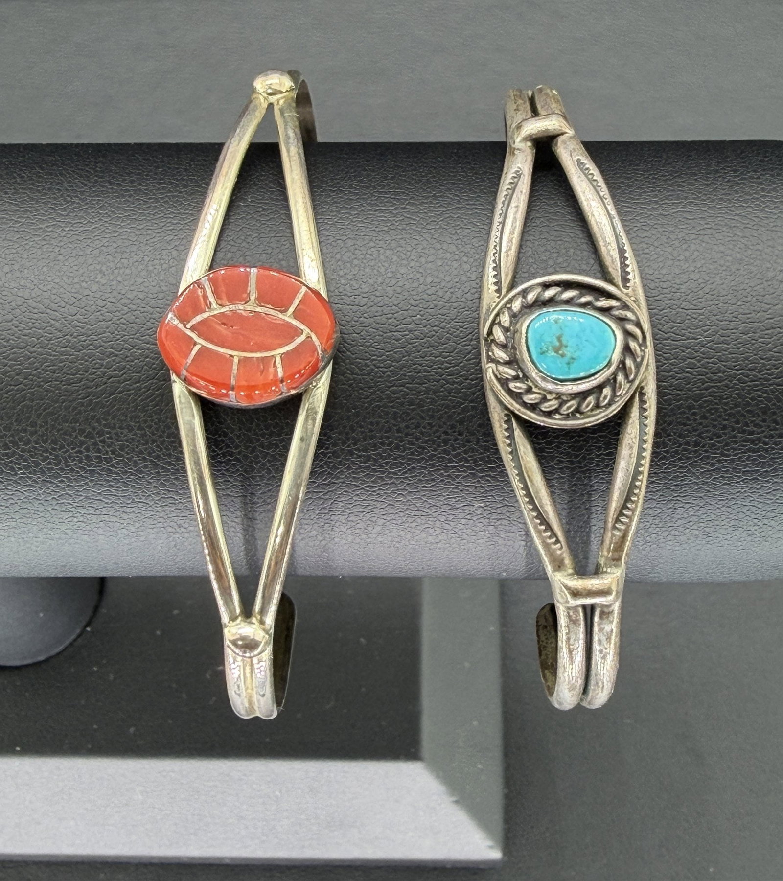 Pre-owned Vintage Sterling Silver Cuff Bracelet Lot Turquoise Red Coral Inlay RVB Signed: 1. Pre-owned- Vintage Sterling Silver Cuff Bracelet Lot Turquoise Red Coral Inlay RVB Signed2. All stamps hallmarks or markings are shown as received and are for reference purposes only. Verification 