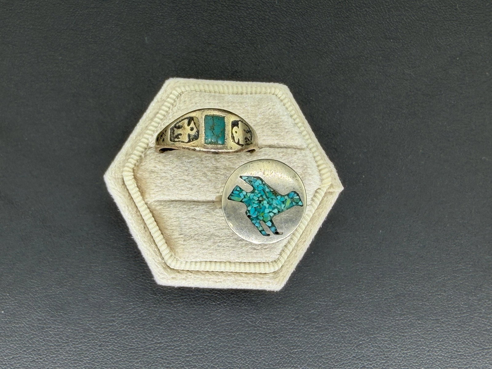 Pre-owned Vintage Turquoise Inlay Sterling Silver Ring Lot AAA Bird & Southwestern Designs: 1. Pre-owned- Vintage Turquoise Inlay Sterling Silver Ring Lot – Bird & Southwestern Designs2. All stamps hallmarks or markings are shown as received and are for reference purposes only. Ver