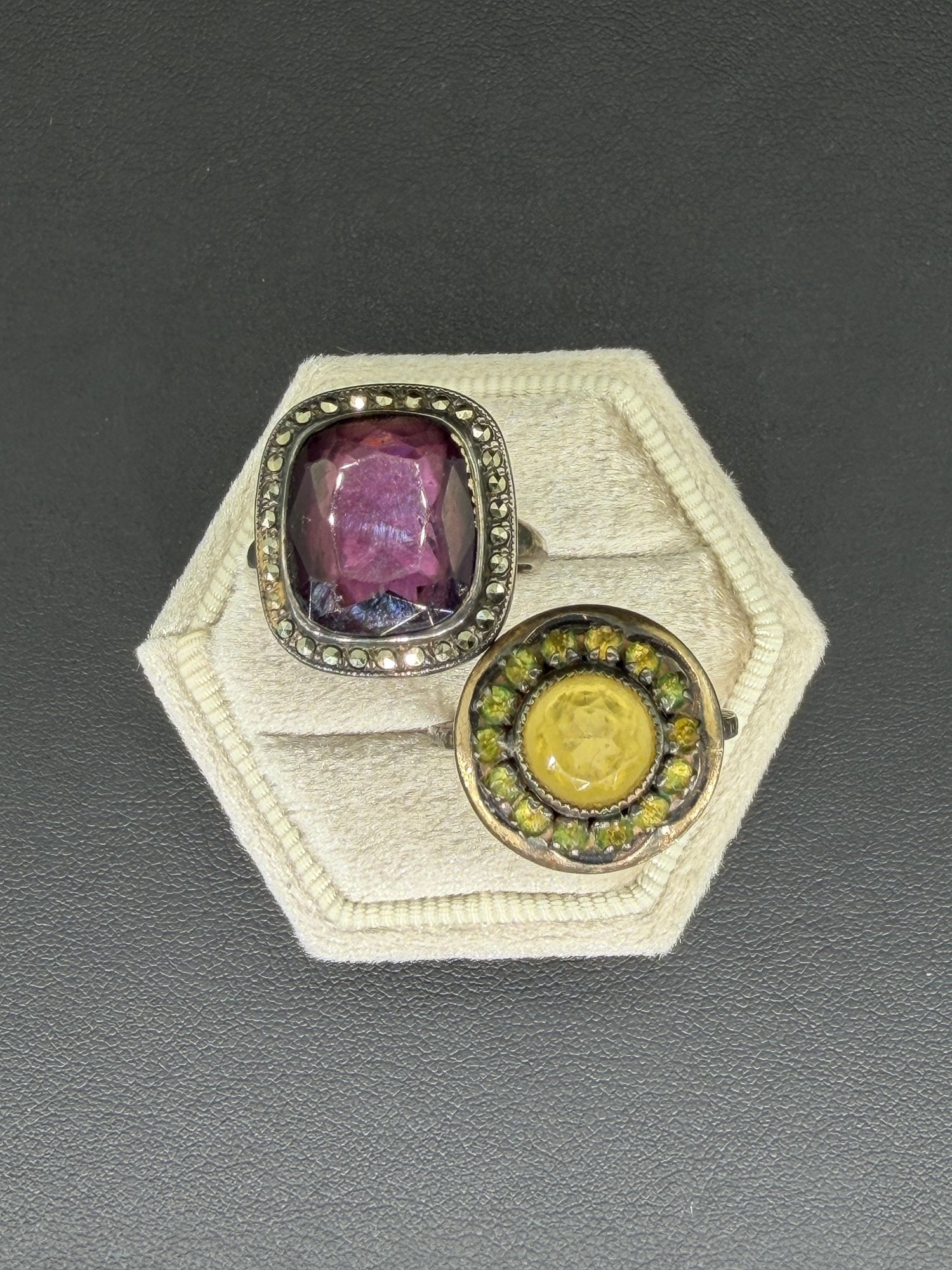 Pre-owned Vintage Purple & Yellow Gemstone Sterling Silver Statement Ring Lot AAA 2 Pieces: 1. Pre-owned- Vintage Purple & Yellow Gemstone Sterling Silver Statement Ring Lot – 2 Pieces2. All stamps hallmarks or markings are shown as received and are for reference purposes only. Ver
