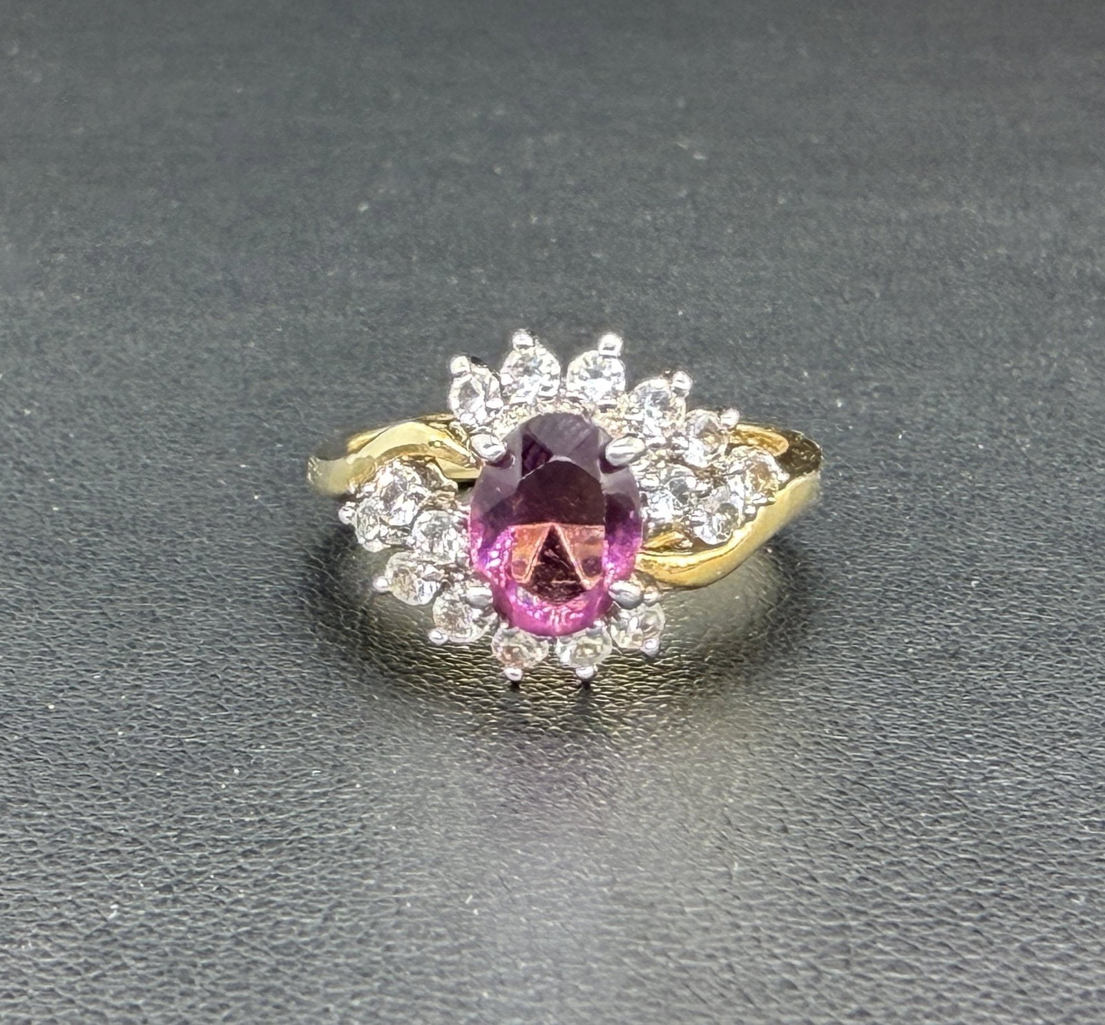 Pre-owned Vintage 14K Gold-Filled Rhodolite Garnet & Cubic Zirconia Cluster Ring: 1. Pre-owned- Vintage 14K Gold-Filled Rhodolite Garnet & Cubic Zirconia Cluster Ring2. All stamps hallmarks or markings are shown as received and are for reference purposes only. Verification is t