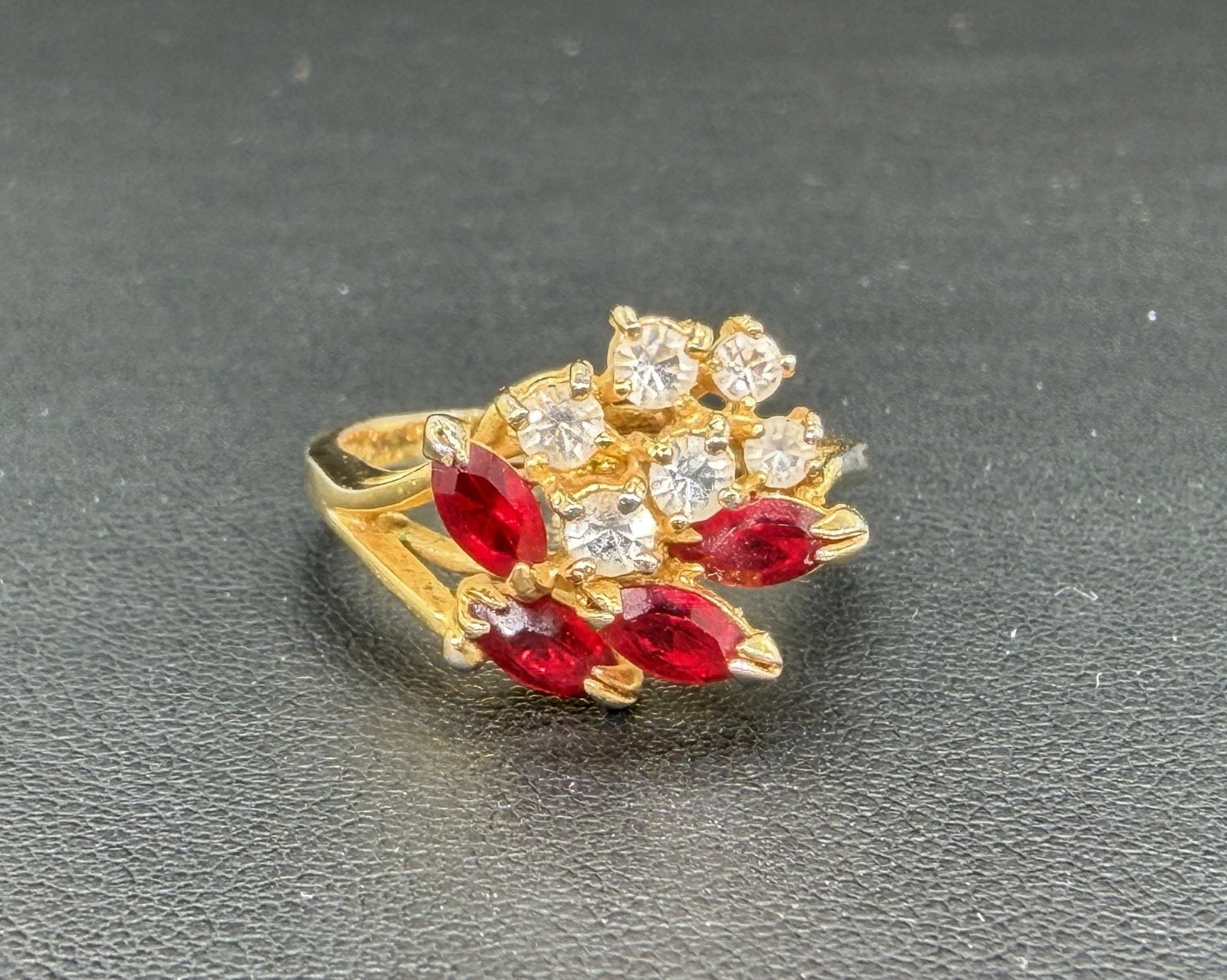Pre-owned Vintage 18K Gold-Filled Red Garnet & Cubic Zirconia Cluster Ring: 1. Pre-owned- Vintage 18K Gold-Filled Red Garnet & Cubic Zirconia Cluster Ring2. All stamps hallmarks or markings are shown as received and are for reference purposes only. Verification is the sol
