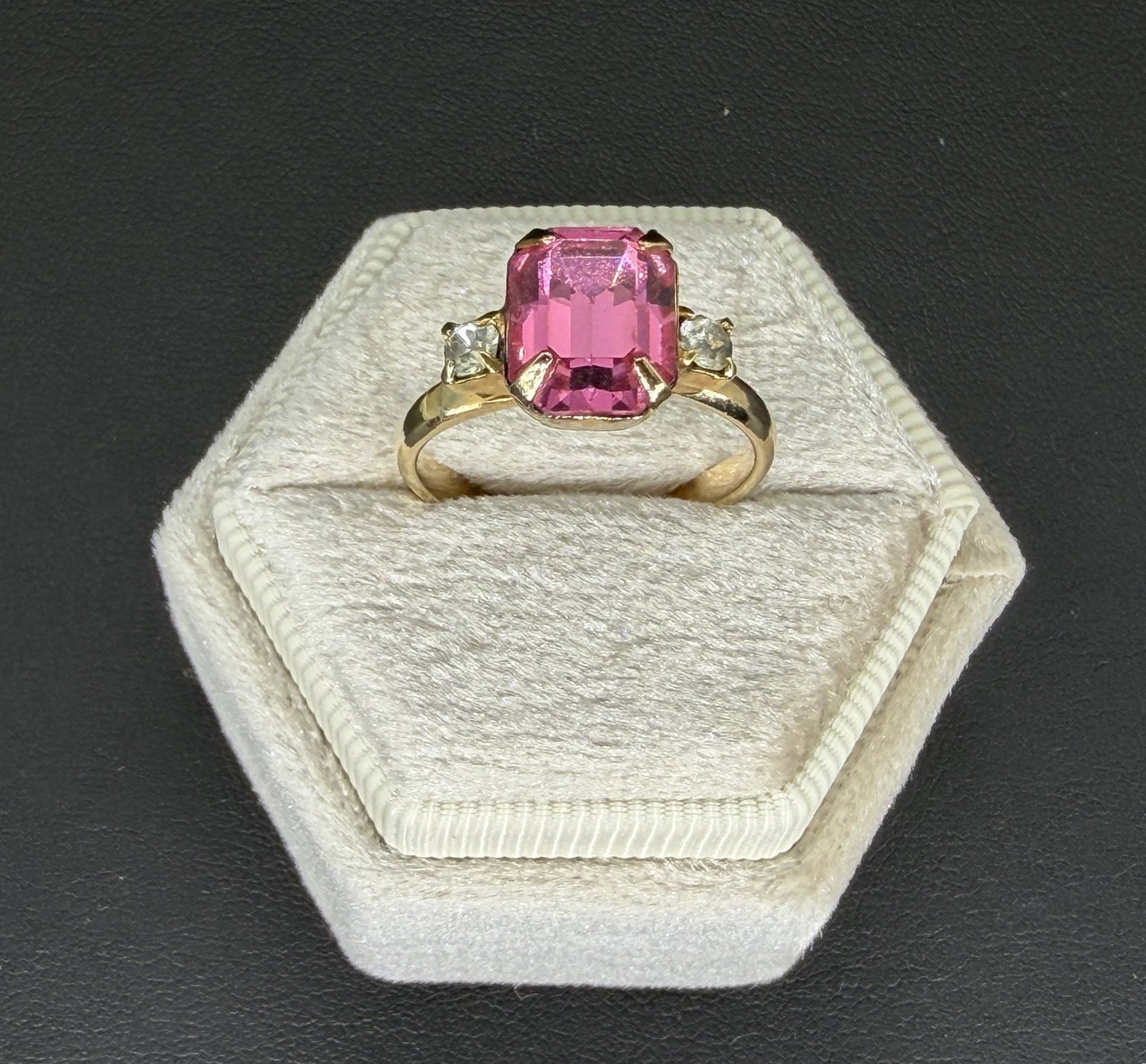 Pre-owned Gold-Filled Pink Tourmaline And Cube Zirconia Ring: 1. Pre-owned- Gold-Filled Pink Tourmaline and Cube Zirconia Ring2. All stamps hallmarks or markings are shown as received and are for reference purposes only. Verification is the sole responsibility o