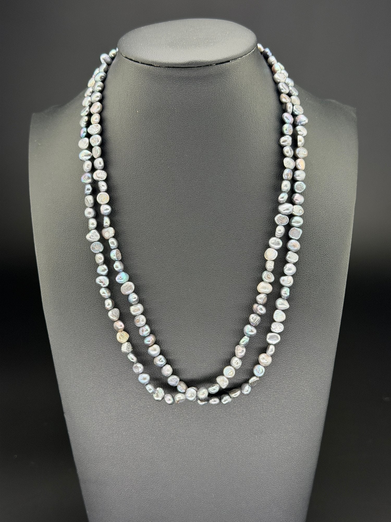 Pre-owned Natural Black Baroque Freshwater Pearl Double-Strand Necklace: 1. Pre-owned- Natural Black Baroque Freshwater Pearl Double-Strand Necklace2. All stamps hallmarks or markings are shown as received and are for reference purposes only. Verification is the sole respo