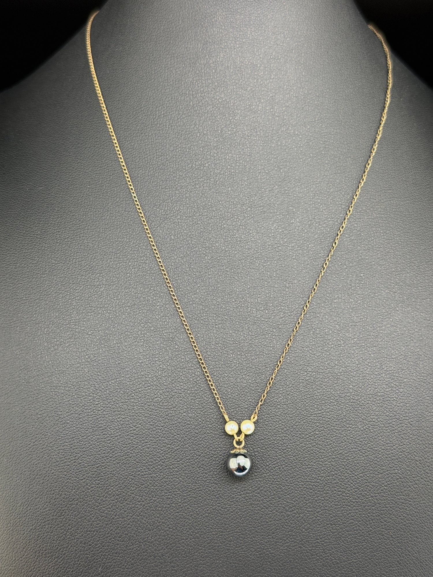 Pre-owned 14K Gold Filled Pearl & Black Bead Drop Necklace: 1. Pre-owned- 14K Gold Filled Pearl & Black Bead Drop Necklace2. All stamps hallmarks or markings are shown as received and are for reference purposes only. Verification is the sole responsibility