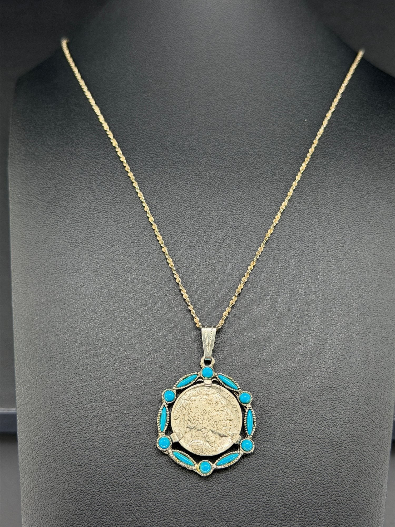 Pre-owned Sterling Silver Turquoise & Buffalo Nickel Pendant Necklace AAA Southwestern Style: 1. Pre-owned- Sterling Silver Turquoise & Buffalo Nickel Pendant Necklace – Southwestern Style2. All stamps hallmarks or markings are shown as received and are for reference purposes only. V