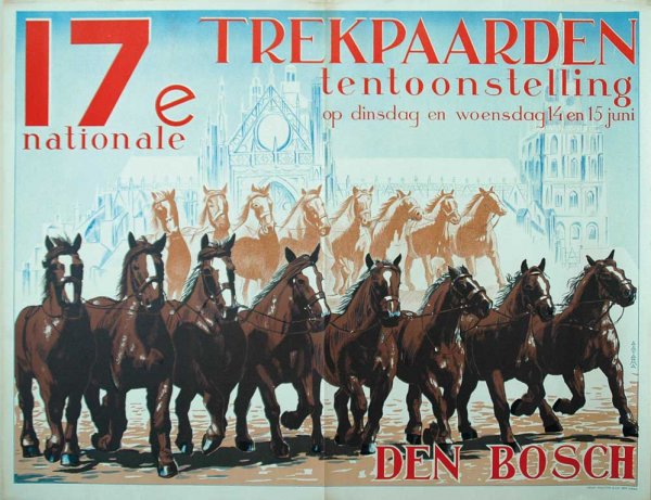 Tadema. Trekpaarden. (Card-Horses): TADEMA, A.A. (1913 - 1989). Trekpaarden. (Card-horses). 17e nationale tentoonstelling Den Bosch. Lithograph, poster, Den Haag, Mouton & Co., circa 1930, once folded, 3 small bands of adhesive tape, fe