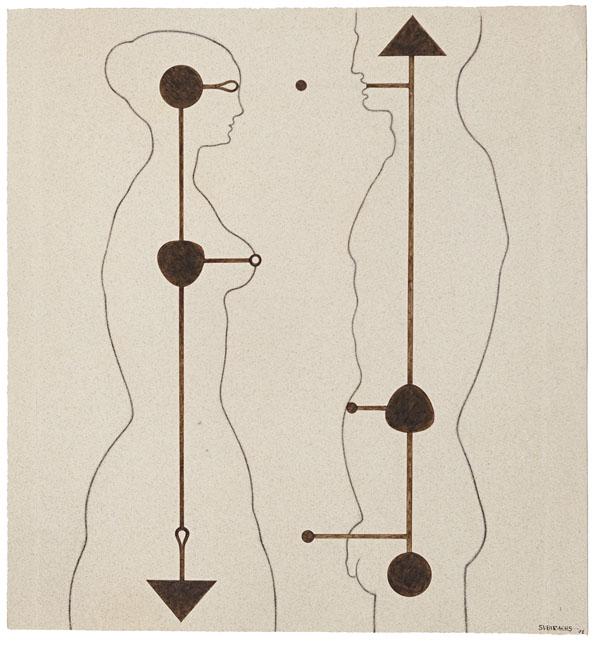 SUBIRACHS, José Maria (born 1927).: SUBIRACHS, José Maria (born 1927). Hombre - Mujer. Original preparatory study for the marble sculpture. Signed and dated in ink bottom right 'Subrirachs 71' and stamped 'Art-3' on verso. Pointillist 