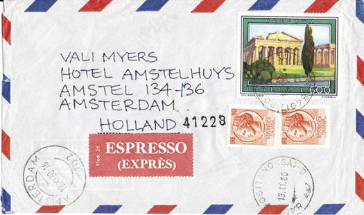3 - MYERS, Vali (1930-2003).: 3 - MYERS, Vali (1930-2003). Collection of orig. handwritten letters, postcards and memo's from Vali Myers to 'Gerard and Ron', the owners of the 'Hotel Amstelhuys' in Amsterdam. All in plastic sheets