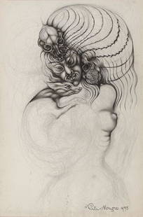 4 - MYERS, Vali (1930-2003).: 4 - MYERS, Vali (1930-2003). Never Never. Pencil and black ink on paper, signed and dated 'Vali Myers 1975' (lower right). 29,1 x 19,3 cm. Together with: Form from the Peter Stuyvesant Stichting of th
