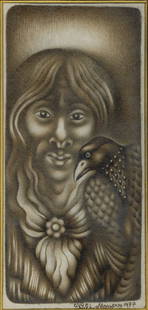 4 - MYERS, Vali (1930-2003).: 4 - MYERS, Vali (1930-2003). Gypsy Bird. Pencil and sepia on paper, signed and dated 'Vali Myers 1977' (lower right). 19,5 x 9,3 cm. Together with: Form from the Peter Stuyvesant Stichting of the exhi