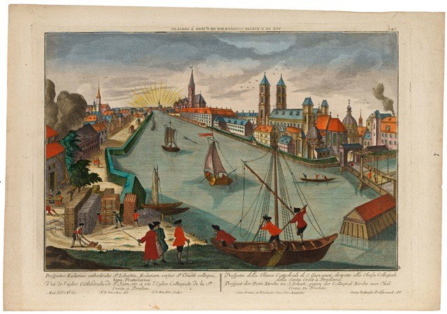 BRESLAU- OPTICAL VIEW - WERNER, F.B. Vue de l'église: (Augsburg), G.B. Probst, (ca. 1780). (320 x 440 mm). Engraved handcoloured optical view. View on the harbour and cathedral of Breslau (Wroclaw, Poland) engraved by G.G. Winckler after a drawing by F.B