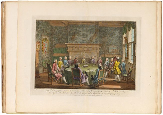 (WAGENAAR, Jan). ('t Verheugd Amsterdam, ter geleg: Amsterdam, Johannes Smit, (1772). Folio. 19th-century calf gilt. Etched title-page (dated 1772) and 14 double-page etched plates by Reinier Vinkeles and Simon Fokke, in later handcolouring. (2), 6 pp.