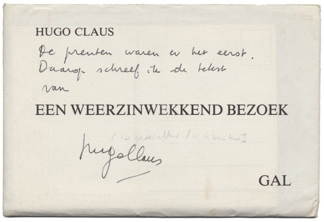 GAL (ps. van Gerard ALSTEENS (1940-) - CLAUS, Hug: [Aalst, De Gele Limonade, 1985]. 11 ansichtkaarten met gedichten van Hugo Claus en tekeningen van Gal, in orig. enveloppe. Met handgeschreven gesigneerde toevoeging door Hugo Claus op enveloppe: "De p