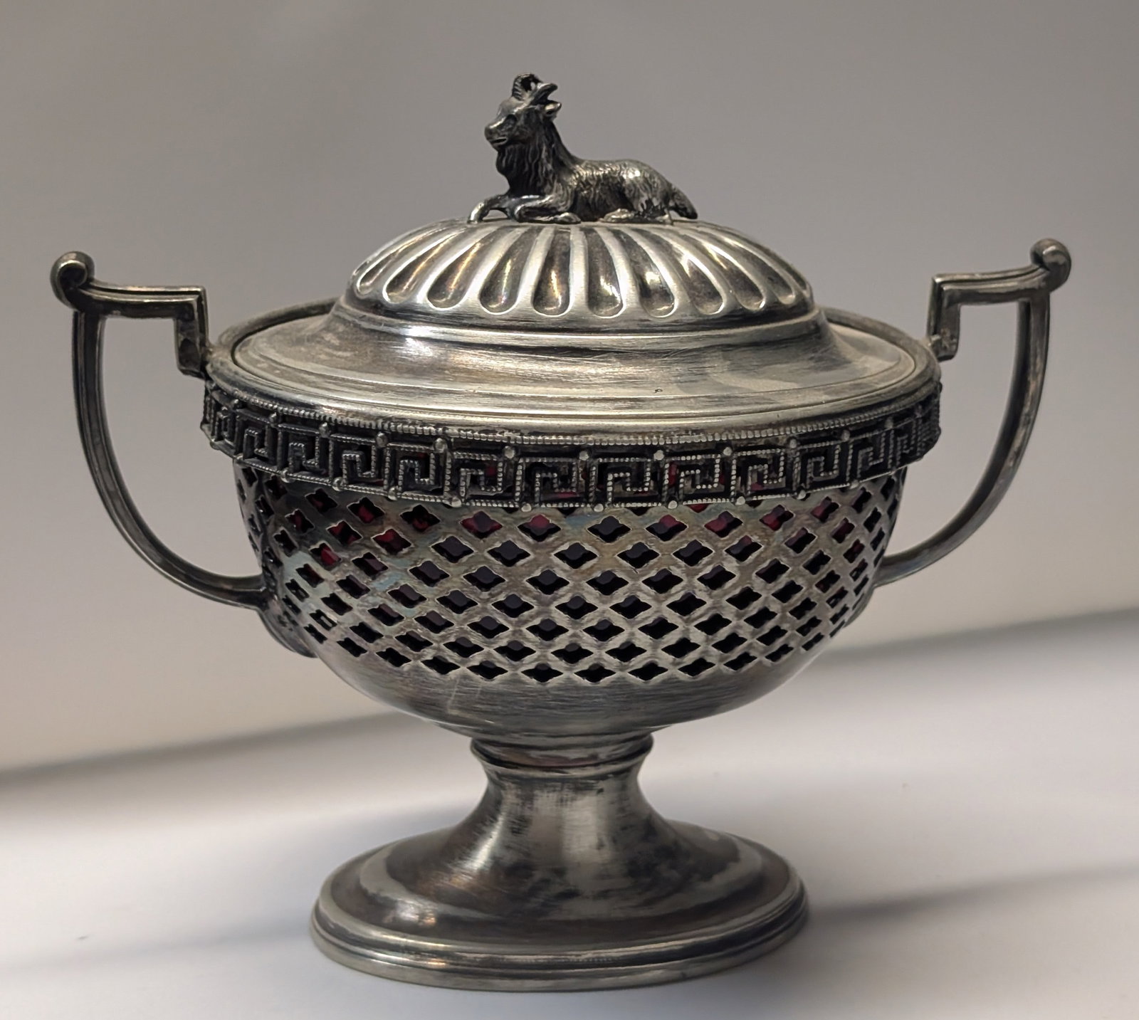 Victorian covered dish with ruby insert and ram (1 of 4)