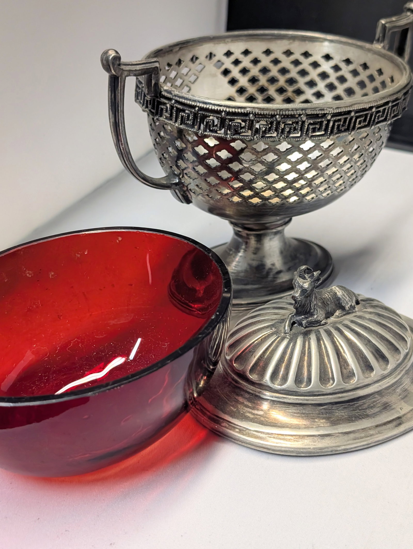 Victorian covered dish with ruby insert and ram - 2