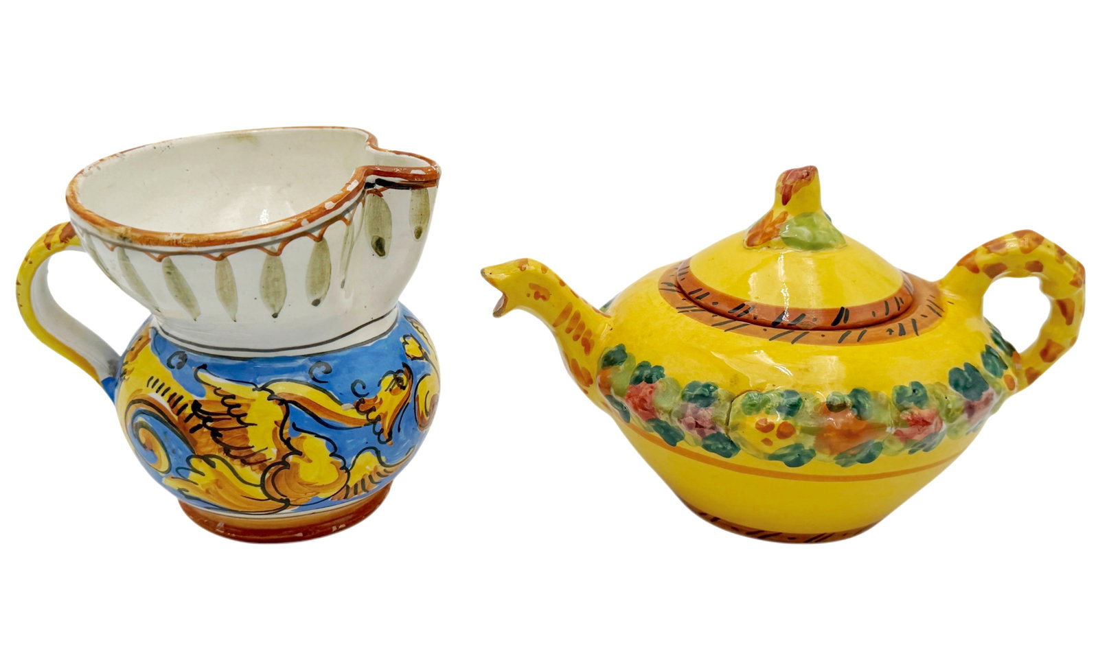 Vintage Italian Majolica Tin Glazed Hand Painted Ceramic Teapot and Creamer Pitcher (1 of 12)