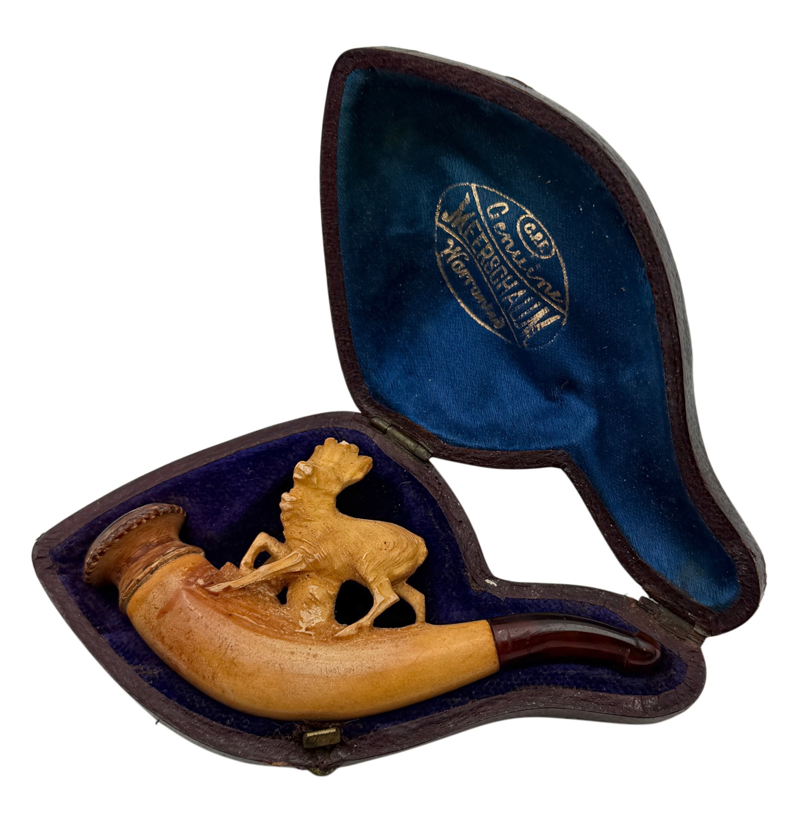 Genuine Meerschaum Hand Carved Elk Small Tobacco Pipe w/ Original Case