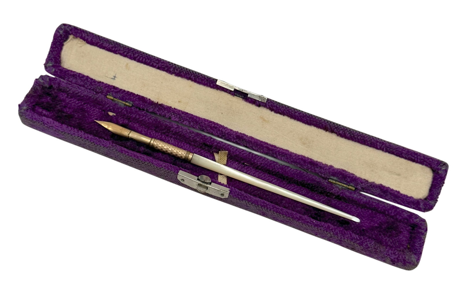 Antique Morton New York Gold Filled 14K Gold Nib Mother of Pearl Fountain Pen w/ Case