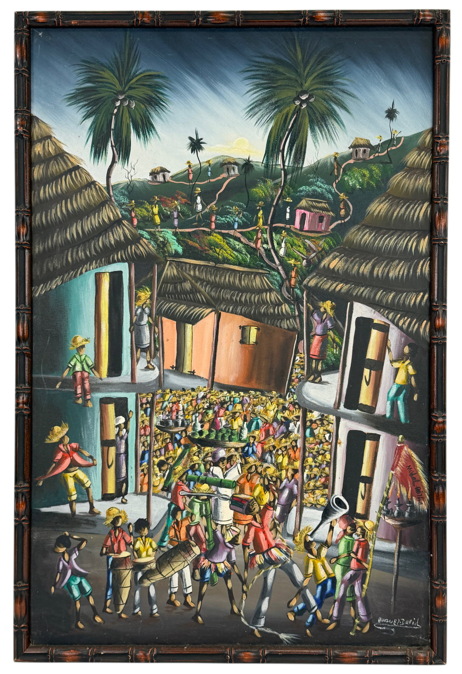 Haitian Artist Signed Hugue David Caribbean Village Genre Scene Folk Art 36x24 Inch Oil Painting