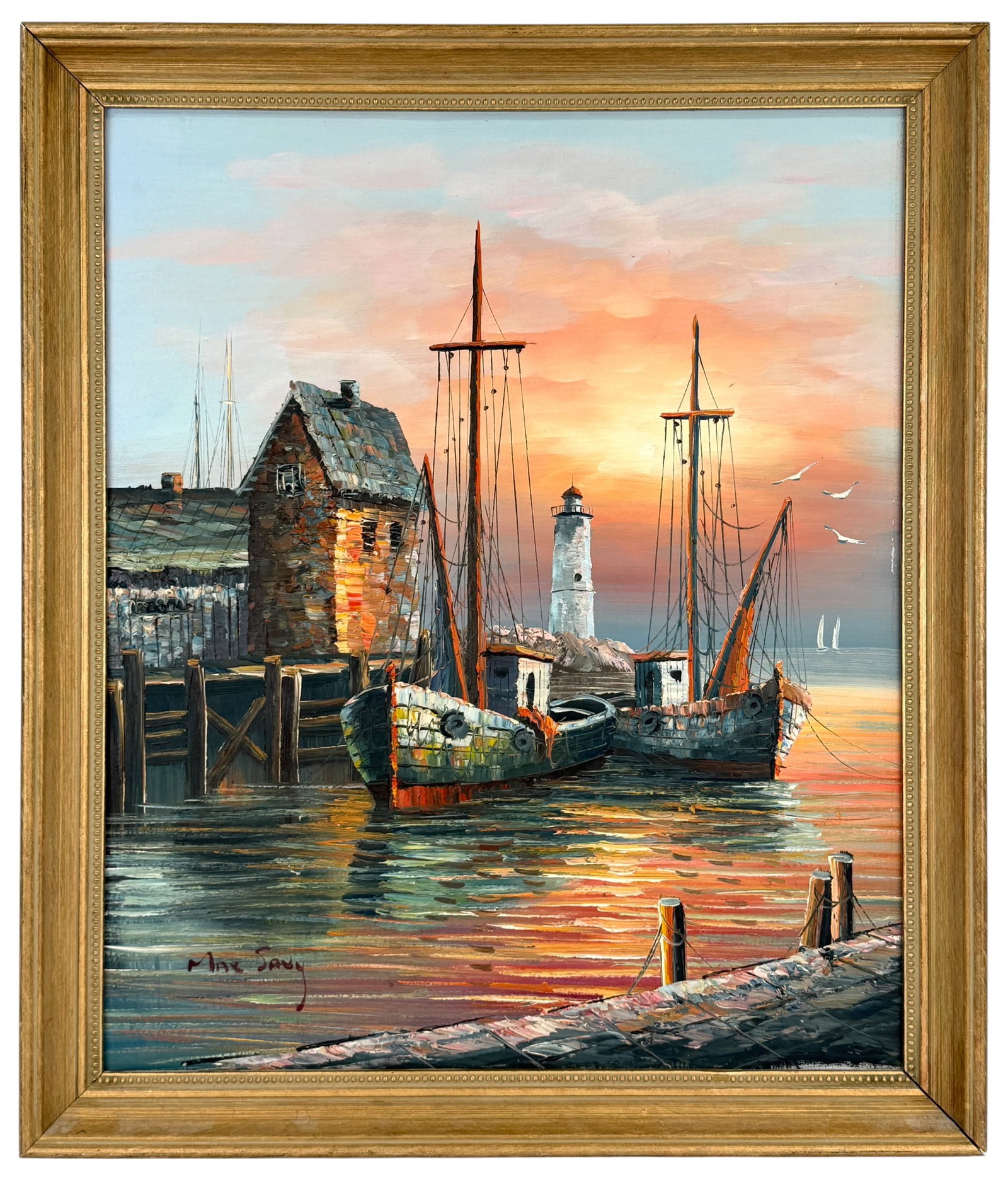 Orig Max Savy (French, 1918-2010) Harbor Scene 24x20 Inch Oil on Canvas Modernist Seascape Painting: Orig Max Savy (French, 1918-2010) Harbor Scene 24x20 Inch Oil on Canvas Modernist Seascape Painting Provenance Florida estate find Signature Signed “Max Savy” lower