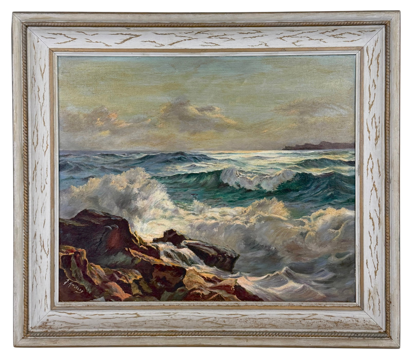 Mystery Artist Signed American New England Rocky Shore Seascape Oil Painting William C Ehrig Manner