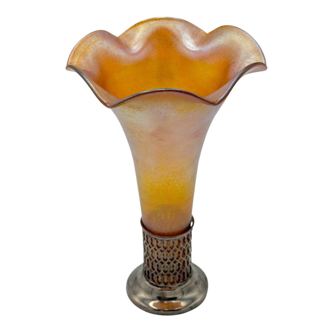 Art Nouveau Iridescent Steuben Aurene Style Art Glass Antique Vase w/ Sterling Silver Base (1 of 9)
