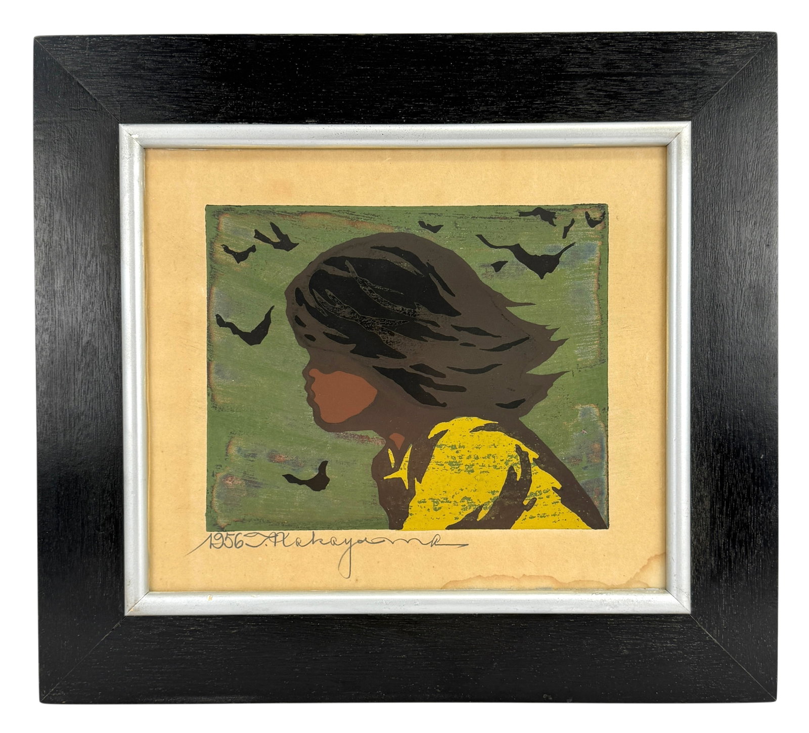 Tadashi Nakayama (Japanese, 1927-2014) Signed Dated Girl In The Wind Woodblock Framed Colored Print (1 of 7)