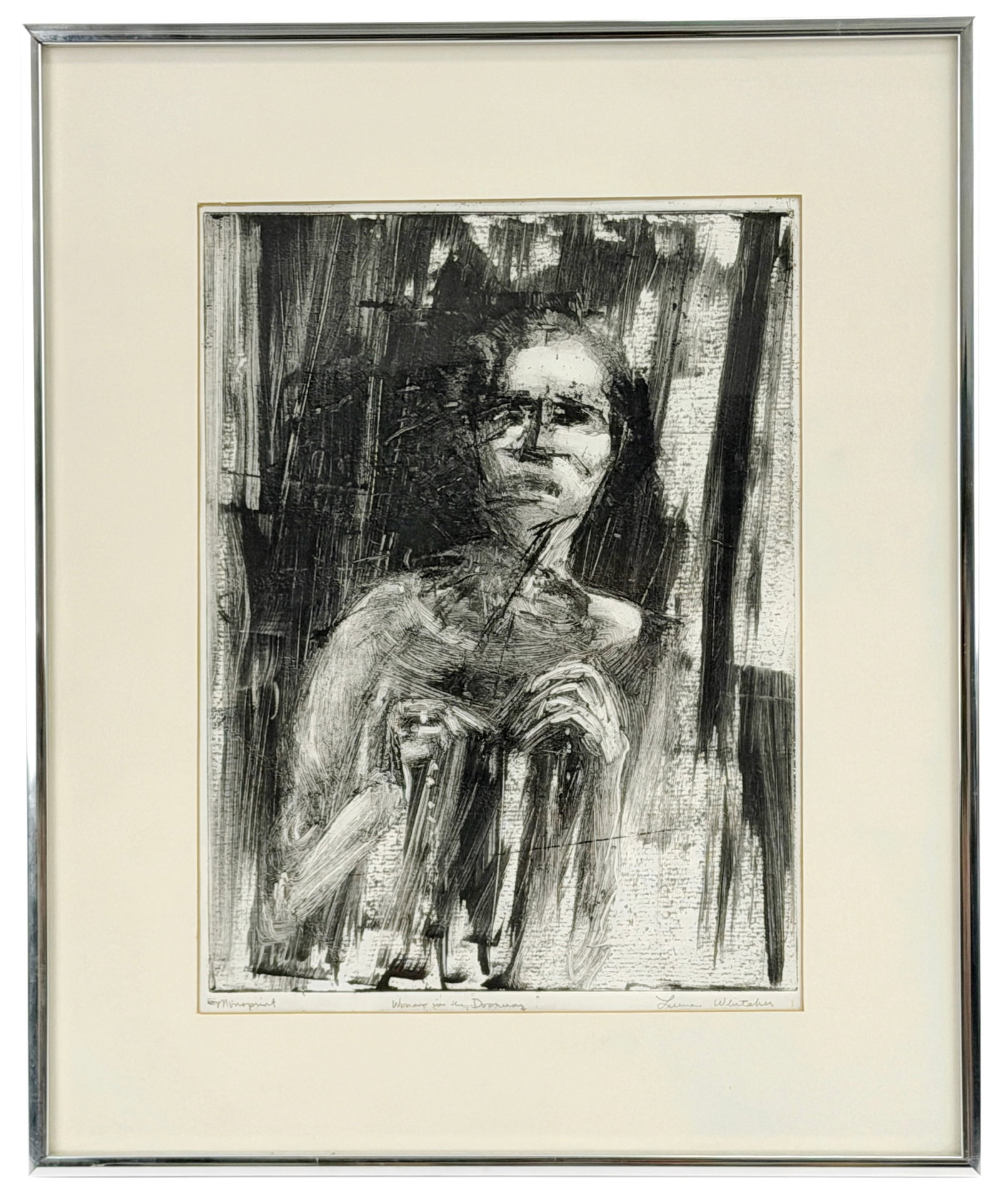 Powerful Artist Signed "Woman In The Doorway" Monochromatic Monoprint Framed Intaglio Print