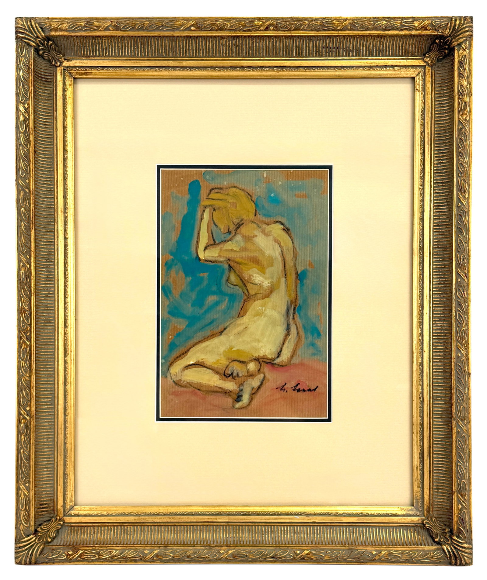 French Mystery Artist Signed Figural Nude Woman Oil Pastel On Wax Paper Framed Midcentury Painting