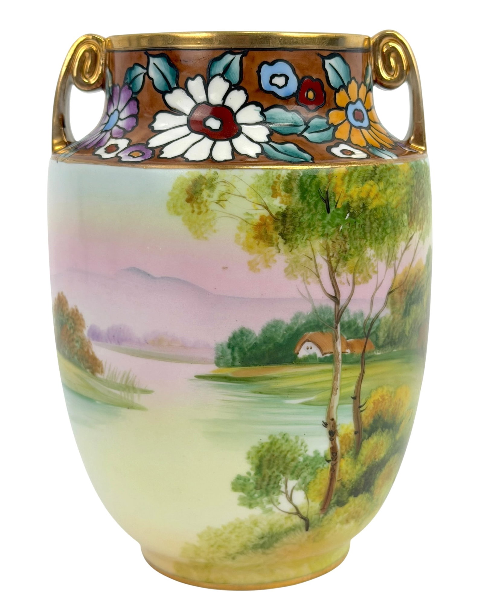 Antique Nippon Signed Hand Painted European Countryside Gilt Handled Japanese Porcelain Vase (1 of 9)