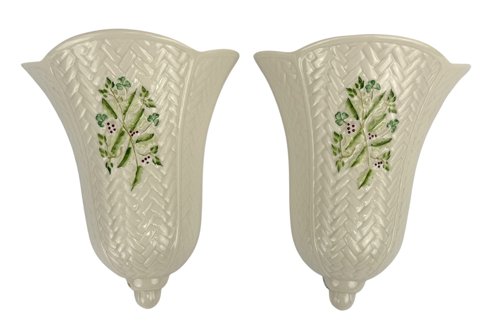 Pair of Irish Belleek Signed Porcelain Clover Wall Pocket Sconces Mounts