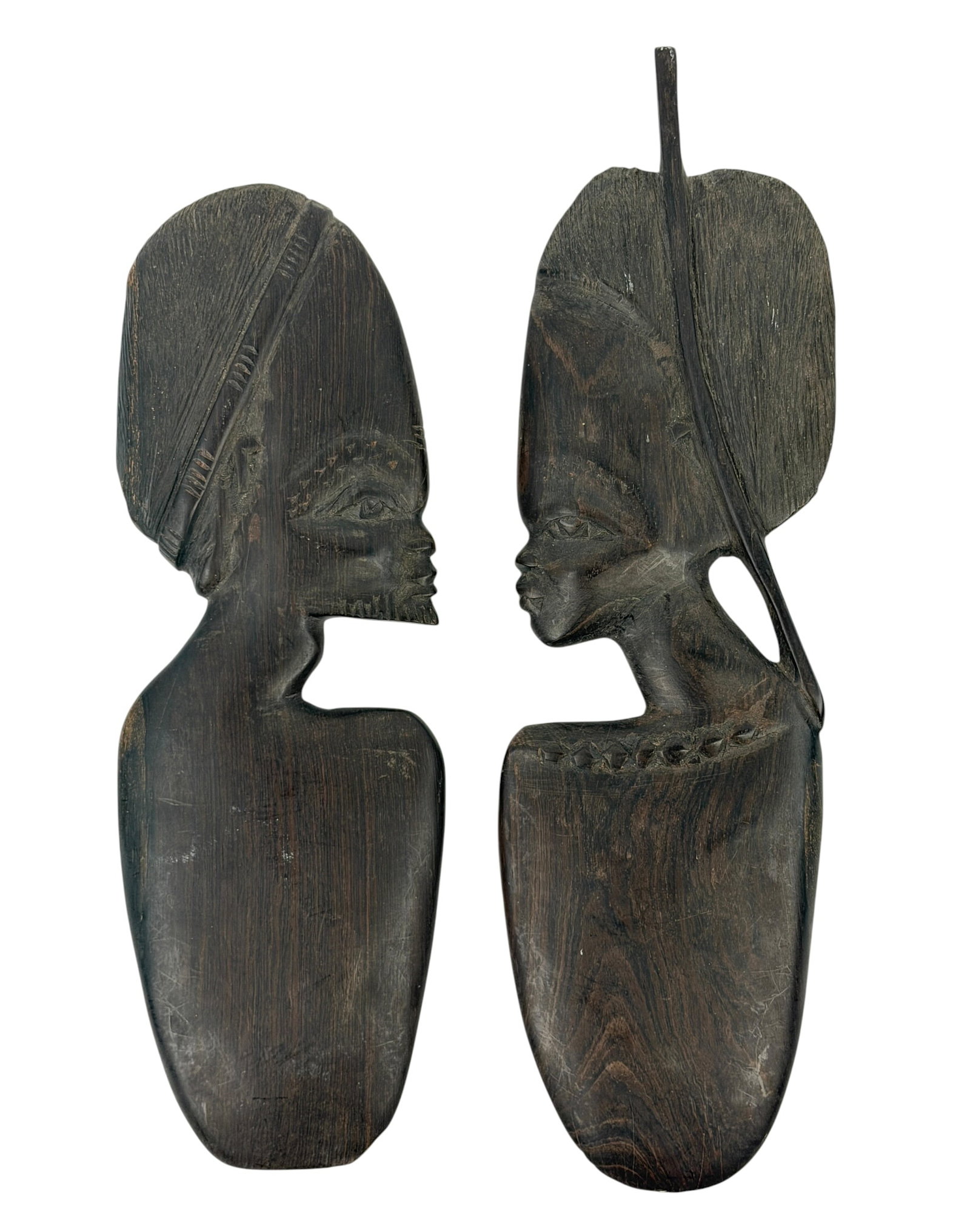 African Hand Carved Ebony Wood Male Female Couple Figural Tribal Effigies Pair Possibly Maasai