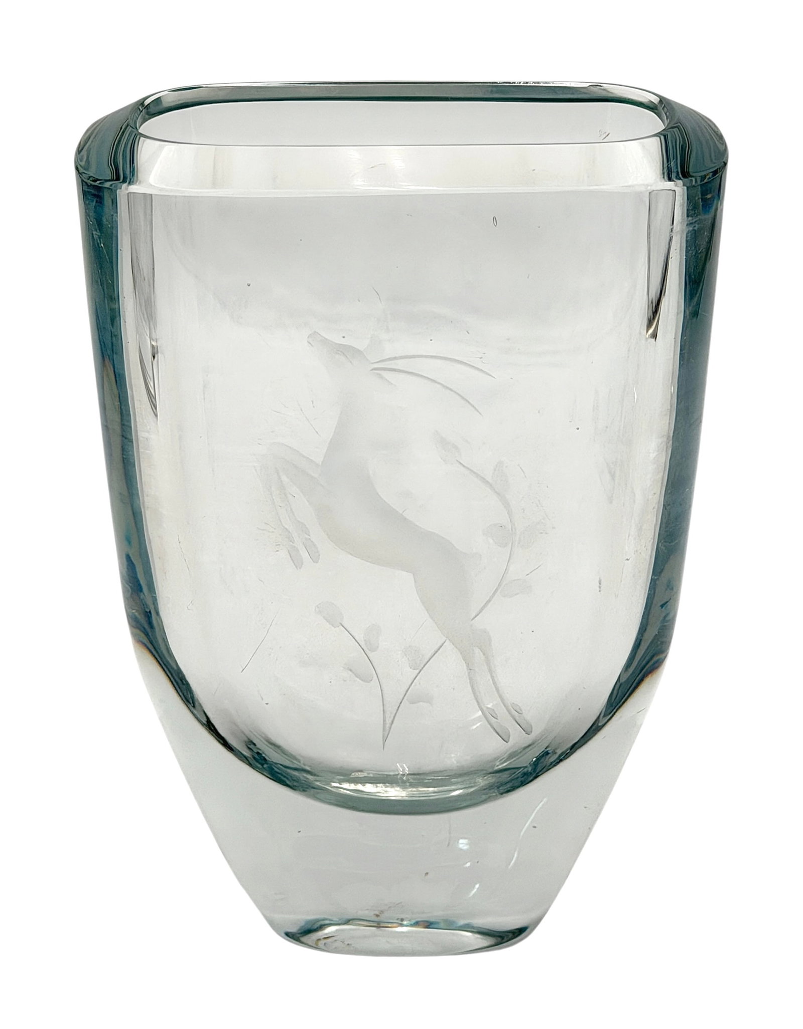 Mid Century Strömbergshyttan Style Etched Gazelle Heavy Swedish Art Glass Vase: Mid Century Strömbergshyttan Style Etched Gazelle Heavy Swedish Art Glass Vase Provenance Florida estate find Medium Glass Approx. Size