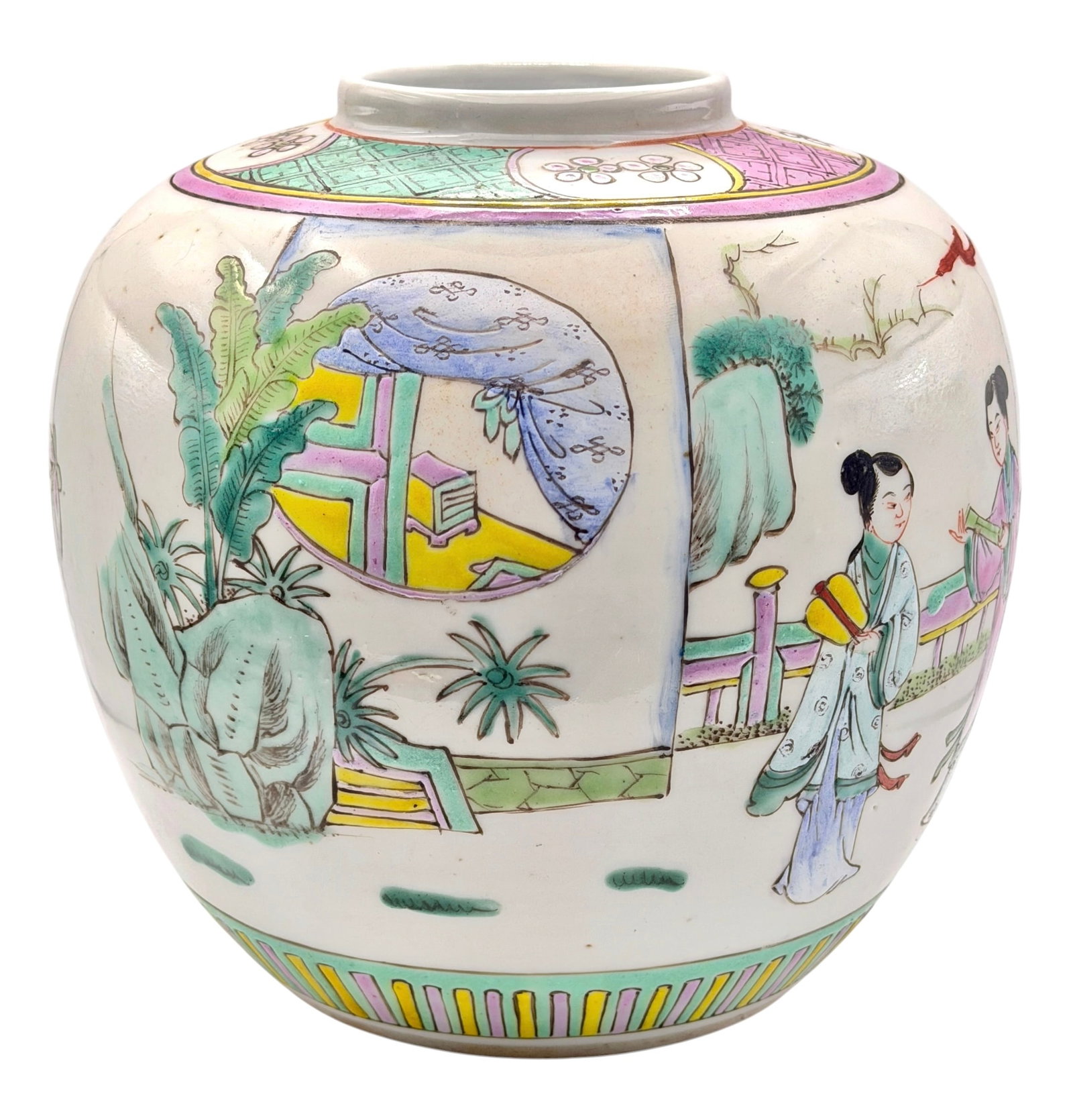Late Qing Chinese Famille Rose Courting Scene Butterflies Porcelain Ginger Jar w/ Seal: Late Qing Chinese Rose Mandarin Medallion Court Scene Butterflies Porcelain Ginger Jar Vase w/ Qianlong Seal Mark. During the late 19th and throughout the 20th century, the four character Qianlong mar