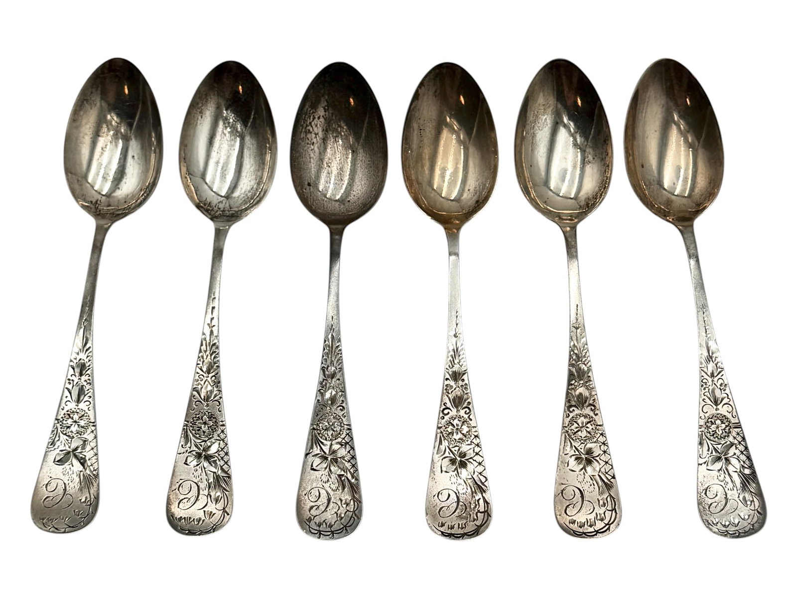 S. Hyman & Co. Chicago Whiting Antique Lily Hand Engraved Sterling Silver Teaspoon Set of Six: S. Hyman & Co. Chicago Whiting Antique Lily Hand Engraved Sterling Silver Teaspoon Set of Six. Monogrammed “C.” Provenance Florida estate find Medium Sterling Silve