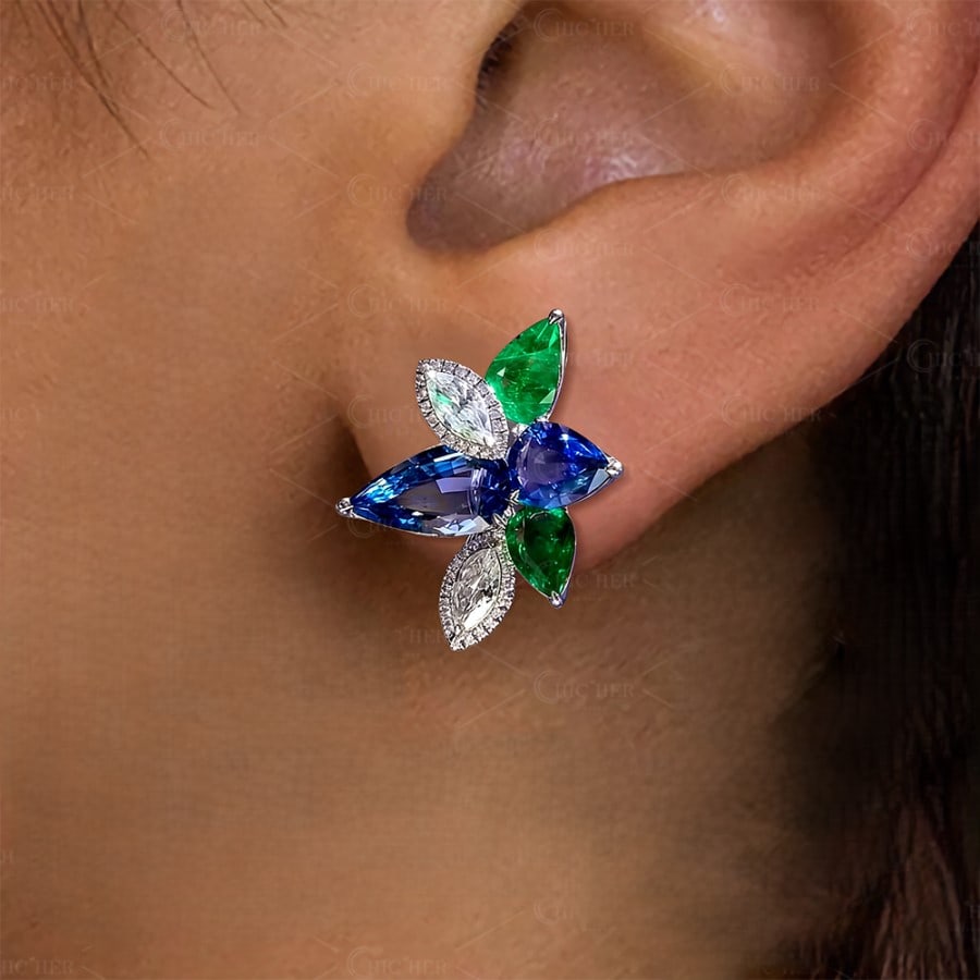 Triple Tone Cluster Design Earrings: Certified Lab Grown Diamond VVS1 D Color 18kt Solid White Gold